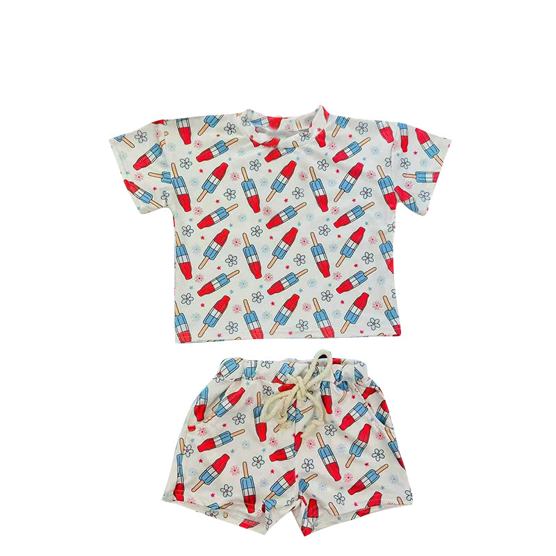 ( Moq 5 ) Preorder Baby Girls Short Sleeves Popsicle Flower Shirt Shorts 4th of July Clothes Set