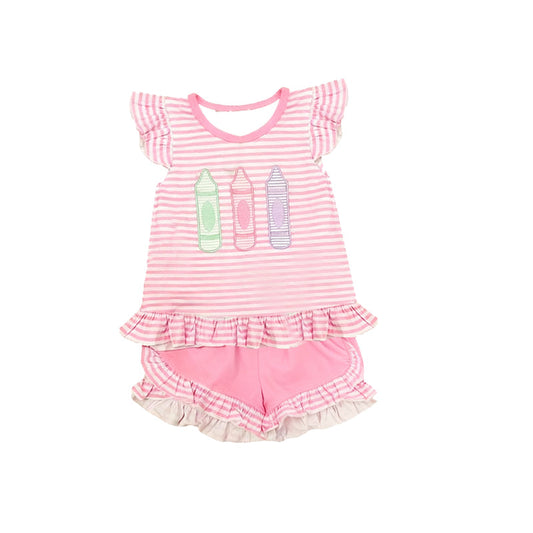 ( Moq 5 ) Preorder Baby Girls Short Sleeves Pencils Stripes Shirt Ruffle Shorts Back to School Set