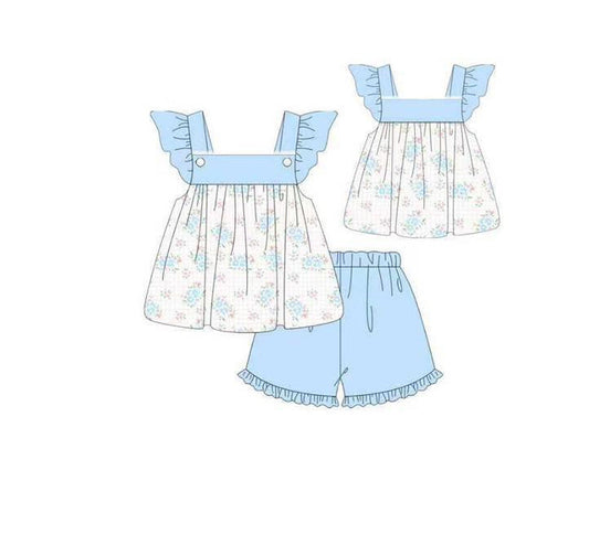 ( Moq 5 ) Preorder Baby Girls Kids Short Sleeves Flower Tunic Blue Shorts Clothes Outfit