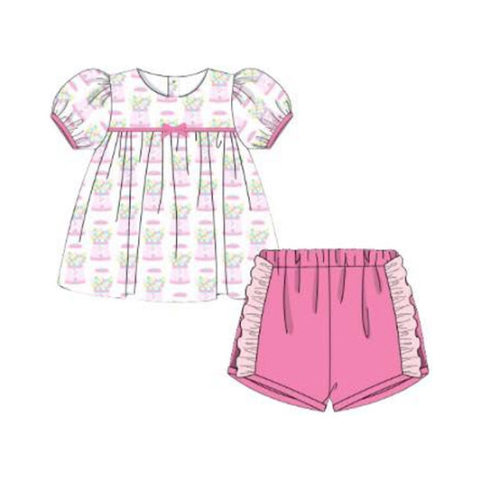 ( Moq 5 ) Preorder Baby Girls Short Sleeves Bubbles Machines Print Tops Ruffle Shorts Set
