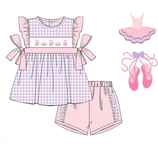 ( Moq 5 ) Preorder Baby Girls Short Sleeves Shoes Bows Plaid Tunic Ruffle Shorts Clothes Set