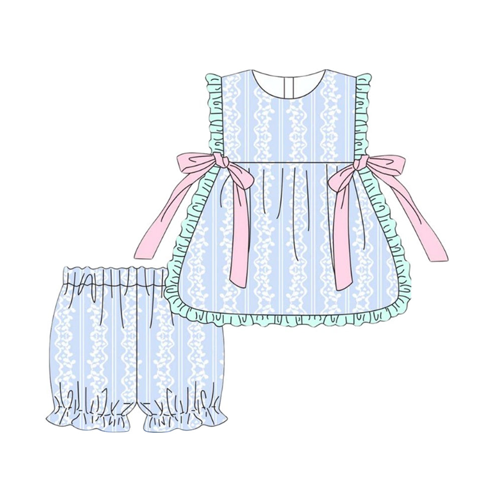 ( Moq 5 ) Preorder Baby Girls Sleeveless Stripes Bows Tunic Blue Shorts Summer Outfit