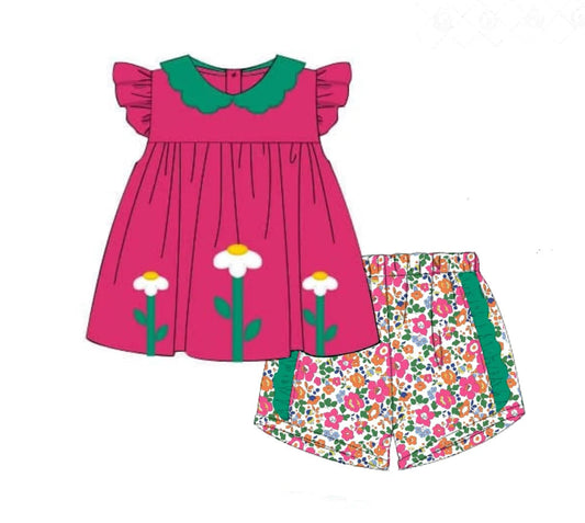 ( Moq 5 ) Preorder Baby Girls Short Sleeves Pink Tunic Floral Ruffle Shorts Summer Outfit