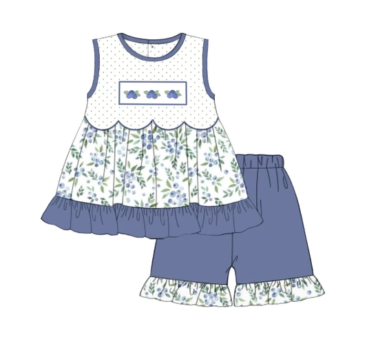 ( Moq 5 ) Preorder Baby Girls Sleeveless Ruffle Tops Blue Shorts Clothes Set