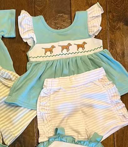 ( Moq 5 ) Preorder Baby Girls Short Sleeves Dogs Tunic Stripes Ruffle Shorts Clothes Set