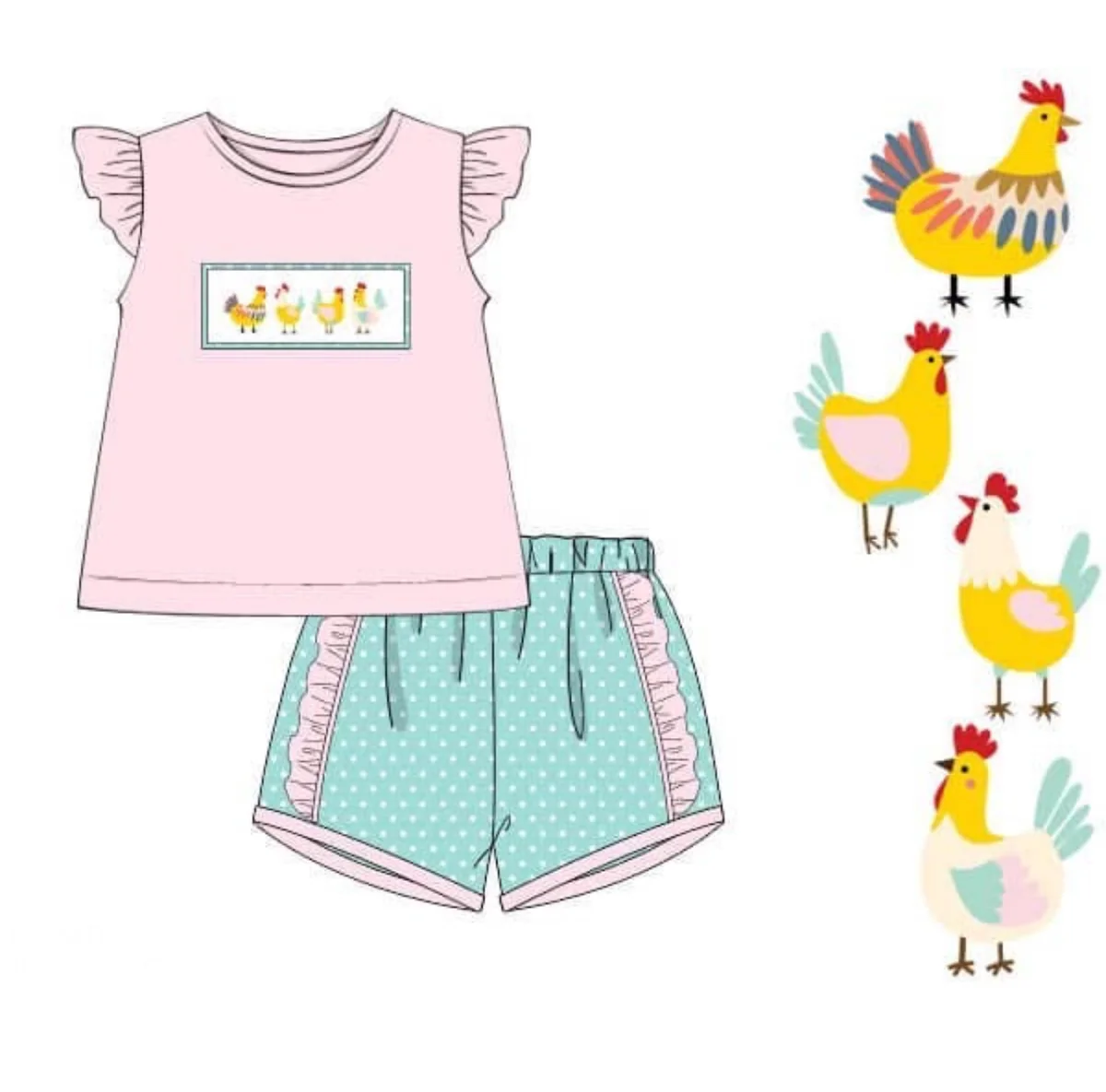 ( Moq 5 ) Preorder Baby Girls Pink Short Sleeves Chicken Shirt Ruffle Shorts Clothes Set