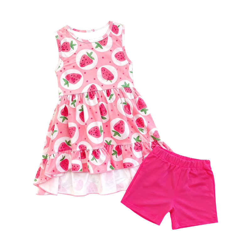 ( Moq 5 ) Preorder Baby Girls Sleeveless Strawberry Tops Pink Shorts Clothes Set