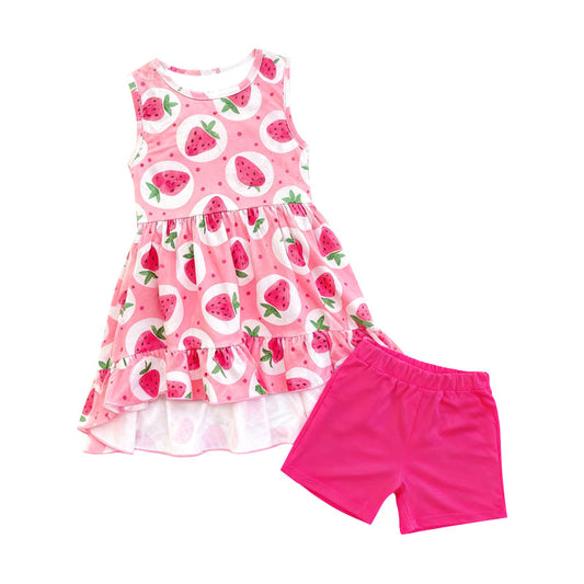 ( Moq 5 ) Preorder Baby Girls Sleeveless Strawberry Tops Pink Shorts Clothes Set
