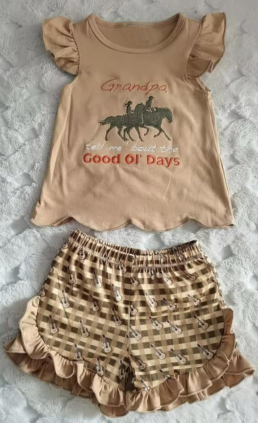 ( Moq 5 ) Preorder Baby Girl Short Sleeves Grandpa Cowgirl Shirt Guitar Stripes Shorts Set