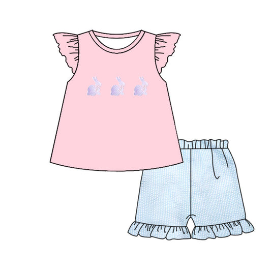 ( Moq 5 ) Preorder Baby Girls Pink Short Sleeves Rabbits Tops Shorts Easter Set