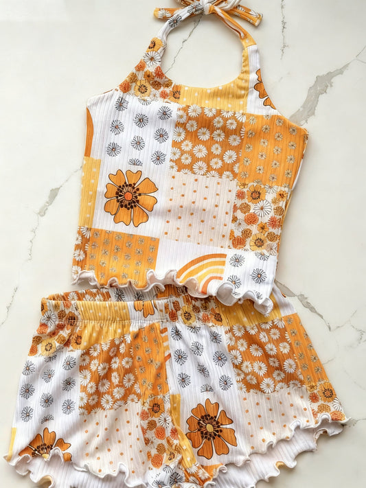 ( Moq 5 ) Preorder Baby Girls Halter Flower Tops Shorts Yellow Clothes Set