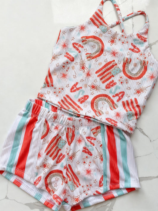 ( Moq 5 ) Preorder Baby Girls Straps Flags Stars Rainbow Tops Shorts 4th of July Clothes Set