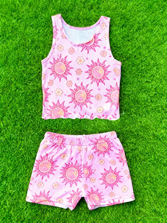 ( Moq 5 ) Preorder Baby Girls Sleeveless Suns Flowers Tops Shorts Pink Clothes Set