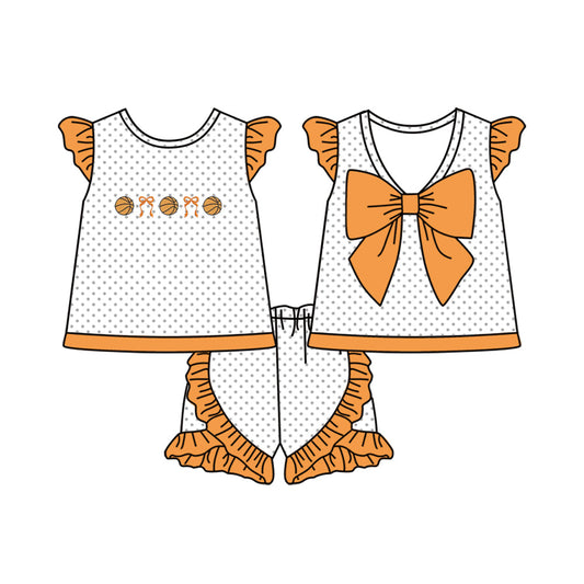 ( Moq 5 ) Preorder Baby Girls Short Sleeves Basketball Orange Bows Tops Ruffle Shorts Clothes Set