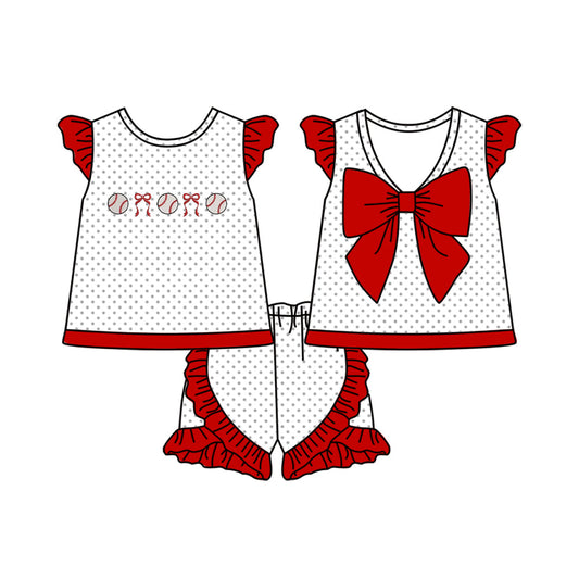 ( Moq 5 ) Preorder Baby Girls Short Sleeves Baseball Red Bows Tops Ruffle Shorts Clothes Set