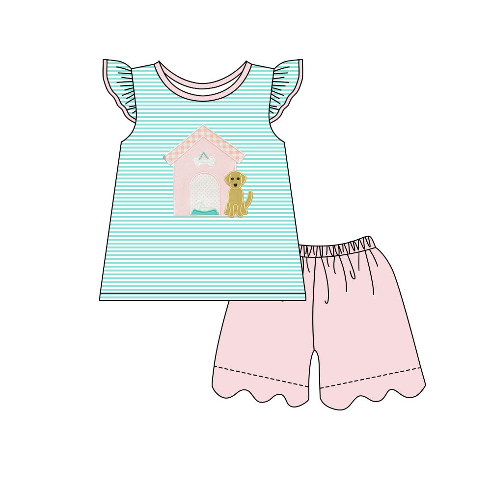 ( Moq 5 ) Preorder Baby Girls Short Sleeves Dog Stripes Tops Pink Shorts Clothes Set