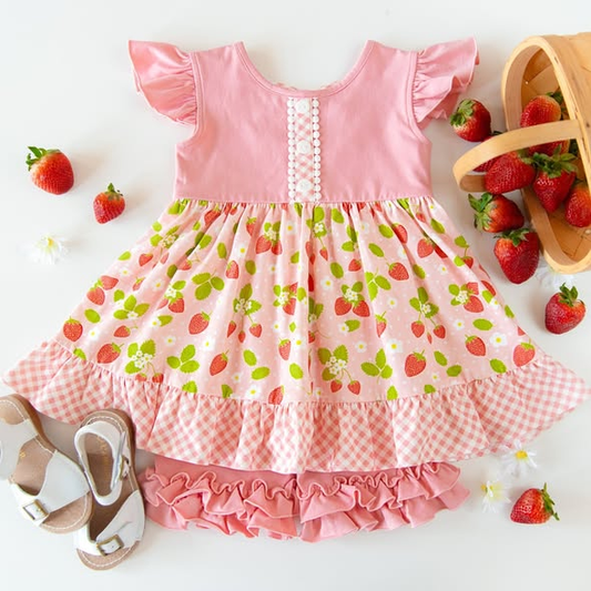 ( Moq 5 ) Preorder Baby Girls Short Sleeves Strawberry Flowers Tunic Pink Ruffle Shorts Set