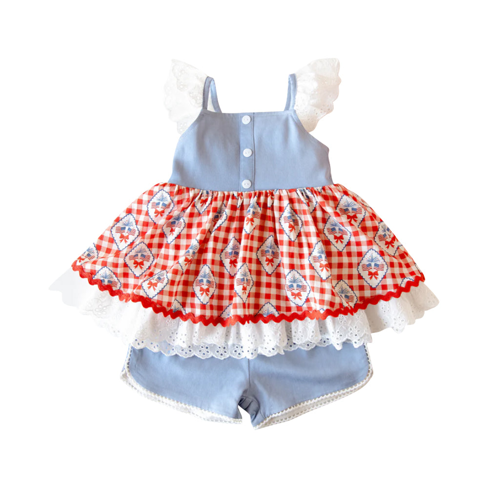 ( Moq 5 ) Preorder Baby Girls Flags Bows Plaid Tunic Blue Shorts 4th of July Clothes Set
