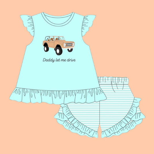( Moq 5 ) Preorder Baby Girls Short Sleeves Truck Daddy Tops Stripes Ruffle Shorts Clothes Set