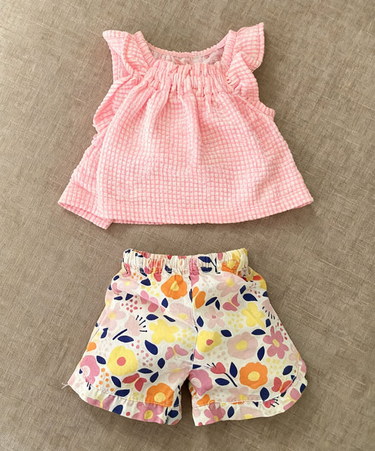 ( Moq 5 ) Preorder Baby Girls Short Sleeves Pink Plaid Tops Flowers Shorts Clothes Set