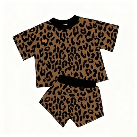 ( Moq 5 ) Preorder Baby Girls Kids Short Sleeves Leopard Tops Shorts Clothes Set