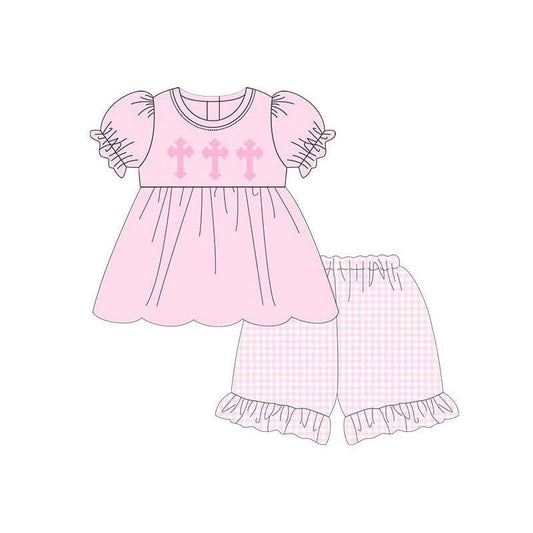 ( Moq 5 ) Preorder Baby Boys Short Sleeves Crosses Tunic Plaid Shorts Easter Pink Clothes Set
