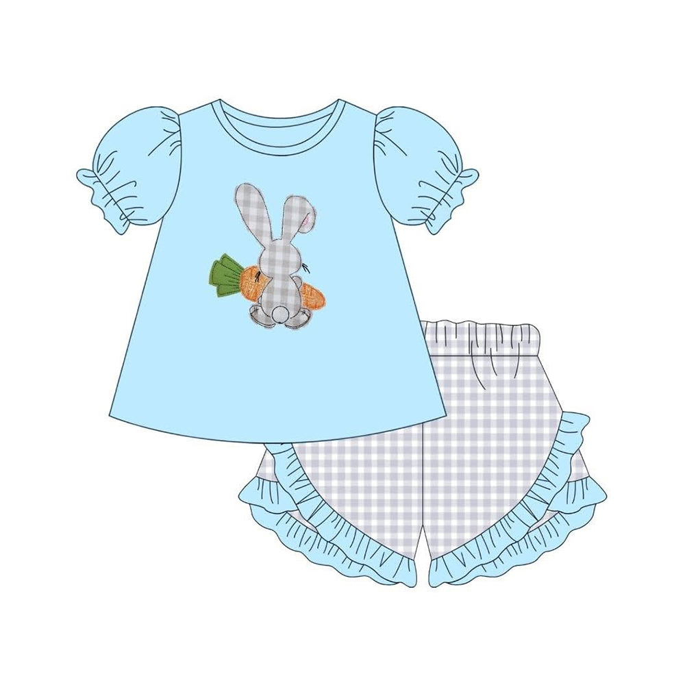 ( Moq 5 ) Preorder Baby Girls Short Sleeves Rabbit Carrot Blue Tops Plaid Ruffle Shorts Easter Set