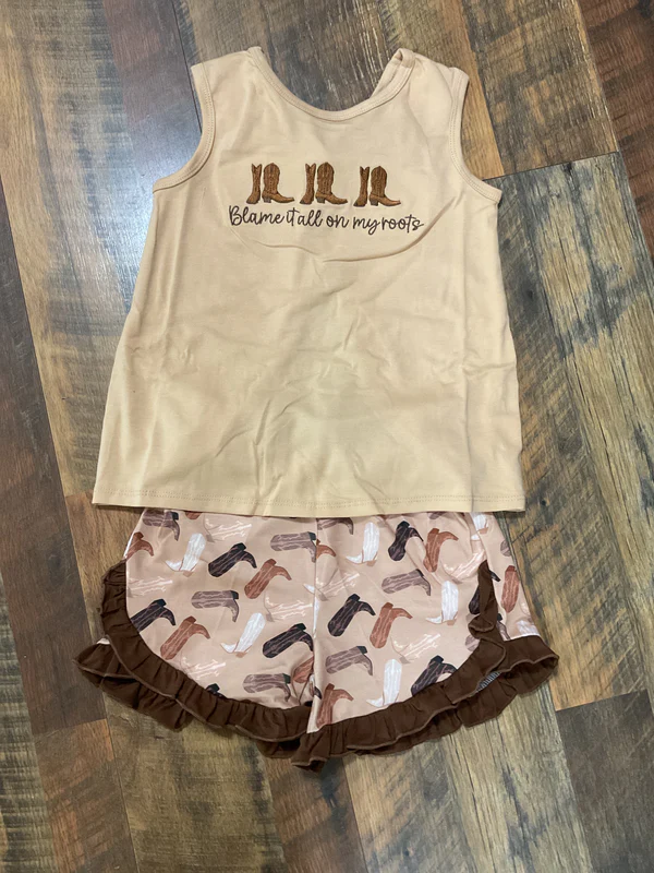 ( Moq 5 ) Preorder Baby Girls Sleeveless Boots Tops Ruffle Shorts Western Clothes Set