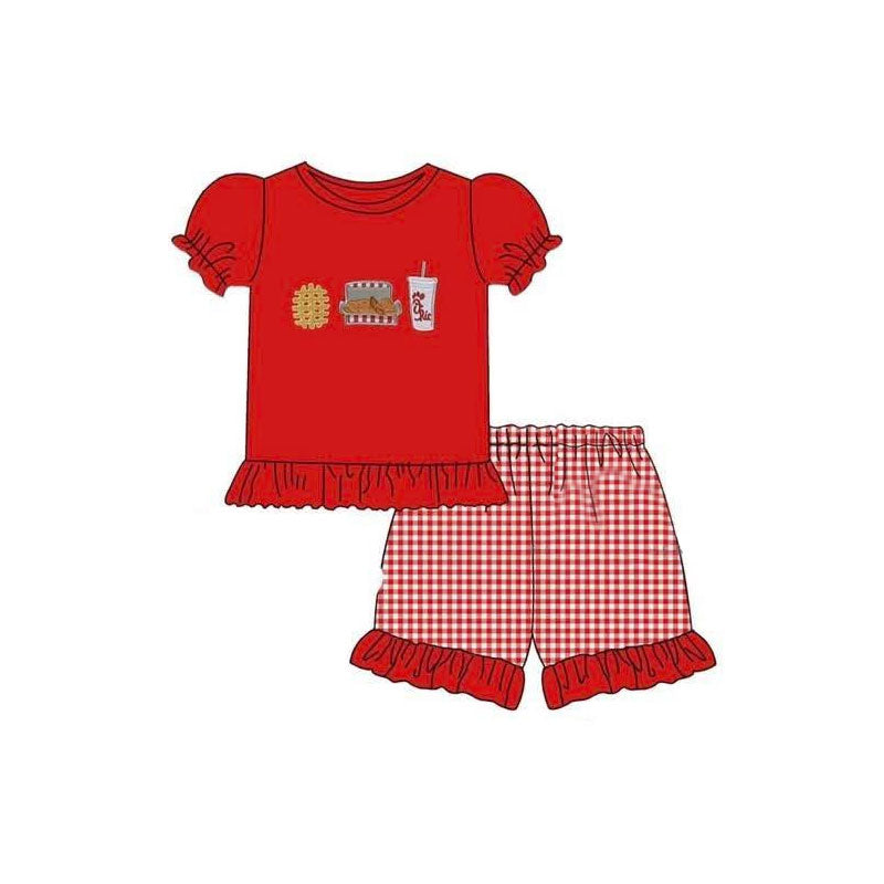 ( Moq 5 ) Preorder Baby Girls Red Short Sleeves Chicken Shirt Plaid Ruffle Shorts Clothes Set