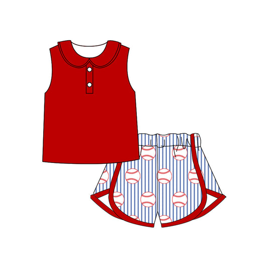 ( Moq 5 ) Preorder Baby Girls Sleeveless Buttons Red Tops Baseballs Stripes Shorts Clothes Set