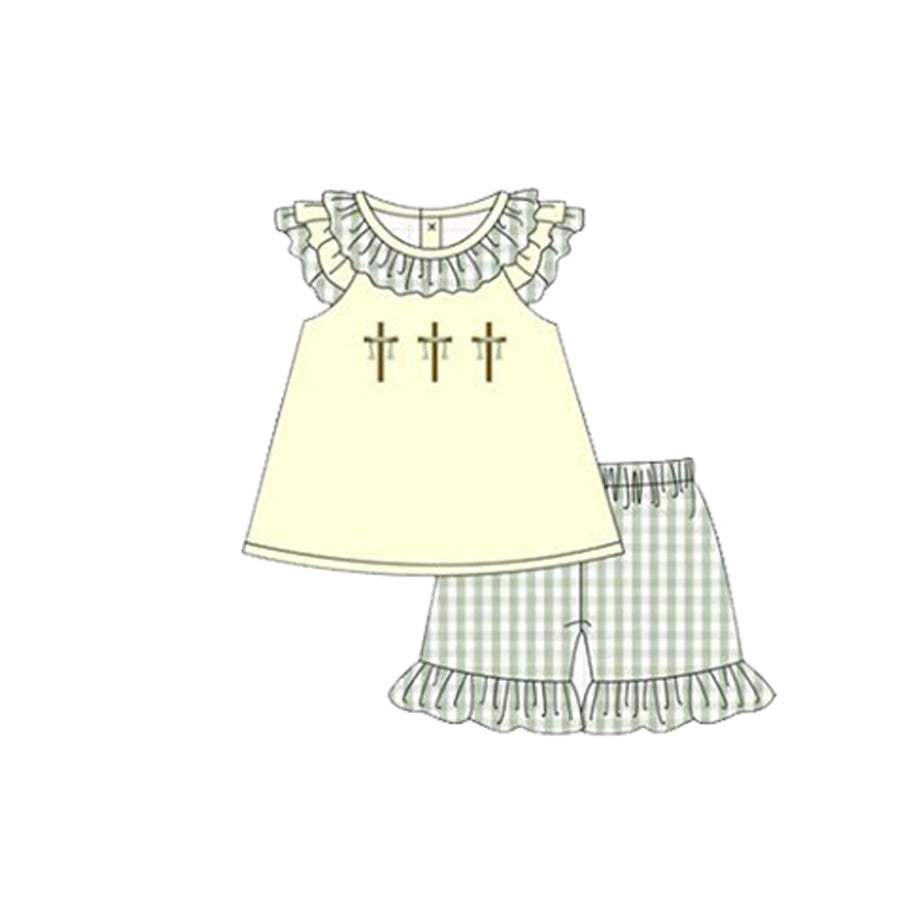 ( Moq 5 ) Preorder Baby Girls Short Sleeves Crosses Tunic Plaid Ruffle Shorts Easter Clothes Set