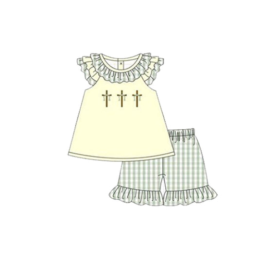 ( Moq 5 ) Preorder Baby Girls Short Sleeves Crosses Tunic Plaid Ruffle Shorts Easter Clothes Set