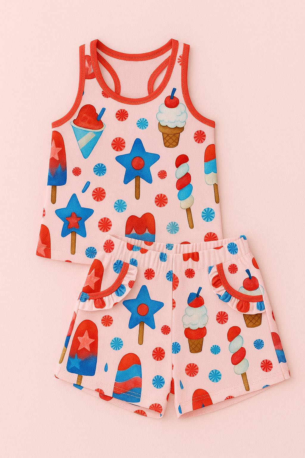 ( Moq 5 ) Preorder Baby Girls Sleeveless Popsicles Tops Pockets Shorts 4th of July Clothes Set