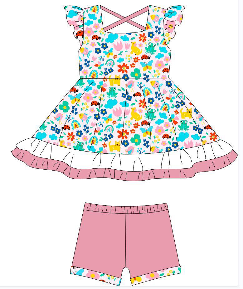 ( Moq 5 ) Preorder Baby Girls Short Sleeves Flower Tunic Shorts Clothes Summer Set