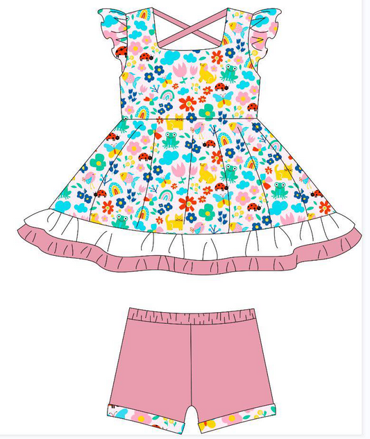( Moq 5 ) Preorder Baby Girls Short Sleeves Flower Tunic Shorts Clothes Summer Set