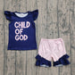 Baby Girls Short Sleeves Child of God Navy Shirt Ruffle Shorts Clothes Set RTS
