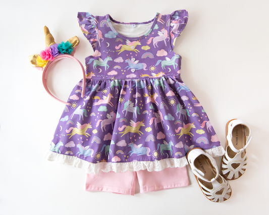 ( Moq 5 ) Preorder Baby Girls Kids Short Sleeves Purple Tunic Skirt Shorts Clothes Set