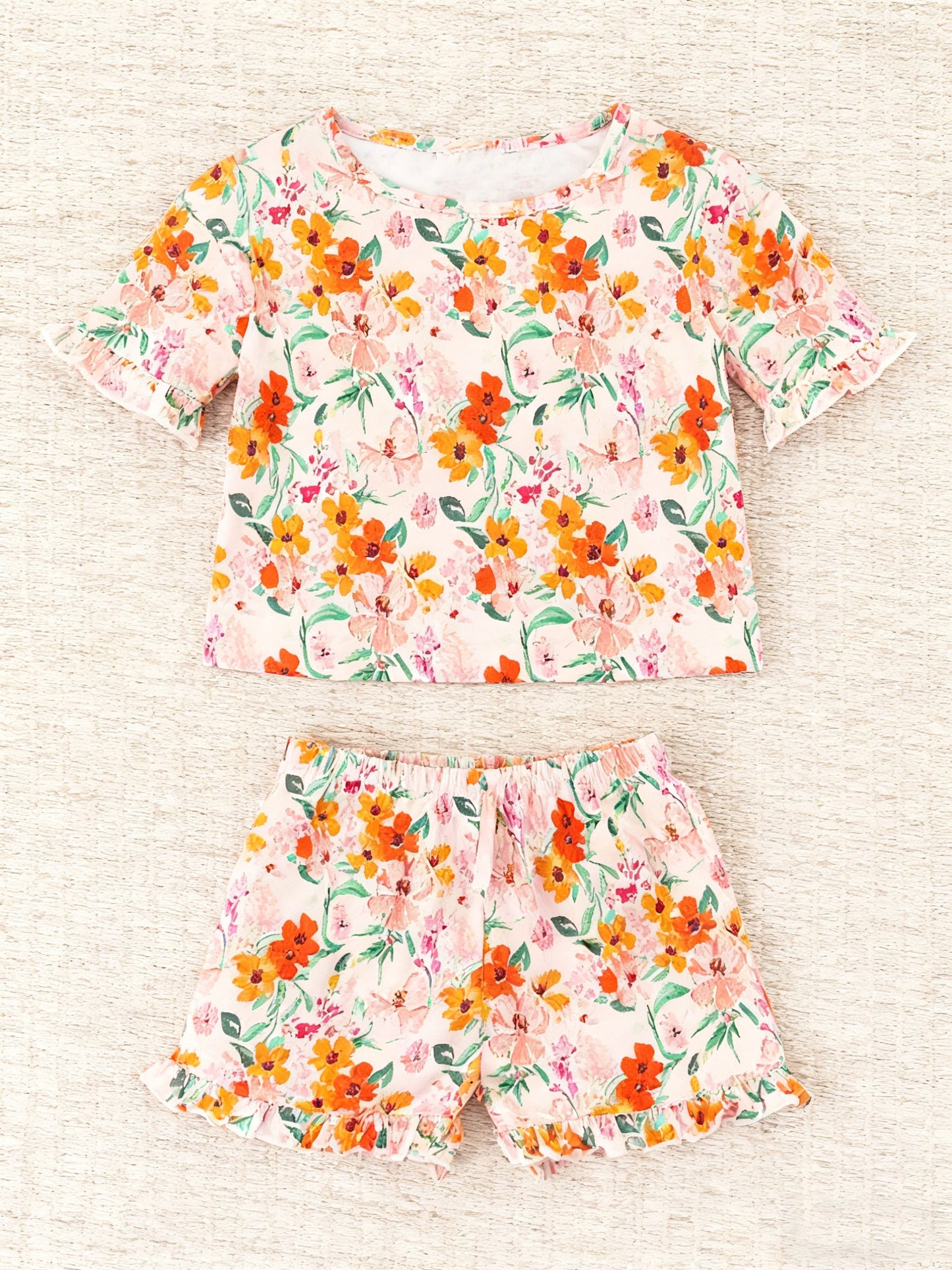 ( Moq 5 ) Preorder Baby Girls Kids Short Sleeves Flower Shirt Ruffle Shorts Clothes Set