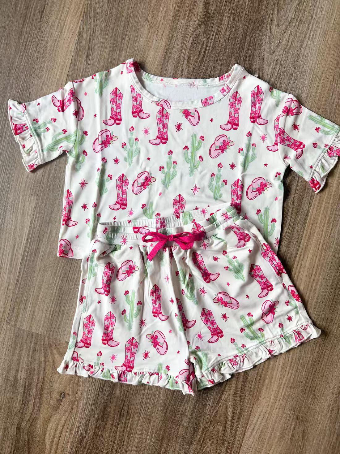 ( Moq 5 ) Preorder Baby Girls Short Sleeves Cactus Boots Shirt Shorts Western Clothes Set