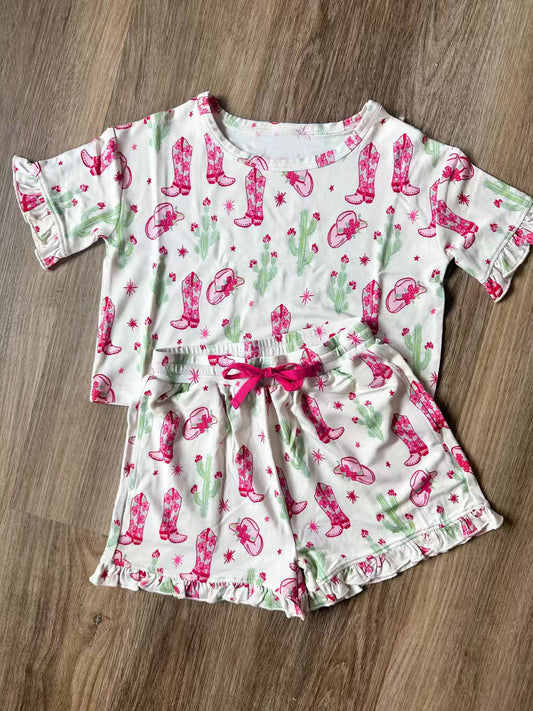 ( Moq 5 ) Preorder Baby Girls Short Sleeves Cactus Boots Shirt Shorts Western Clothes Set