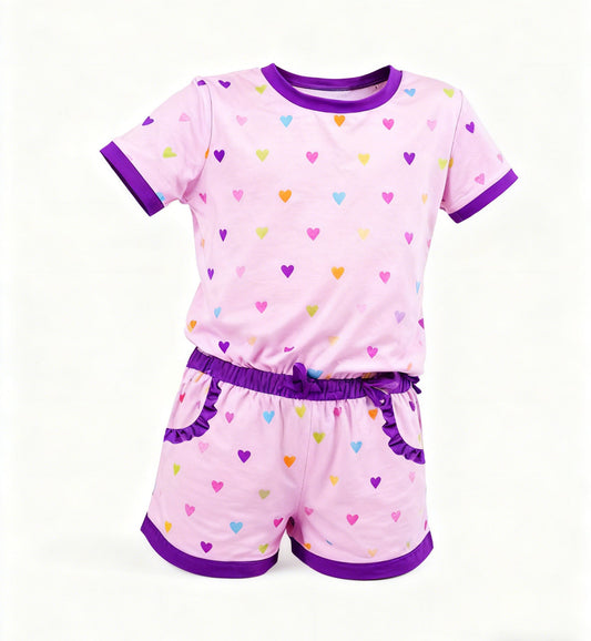 ( Moq 5 ) Preorder Baby Girls Short Sleeves Hearts Shirt Pockets Shorts Valentine Clothes Set
