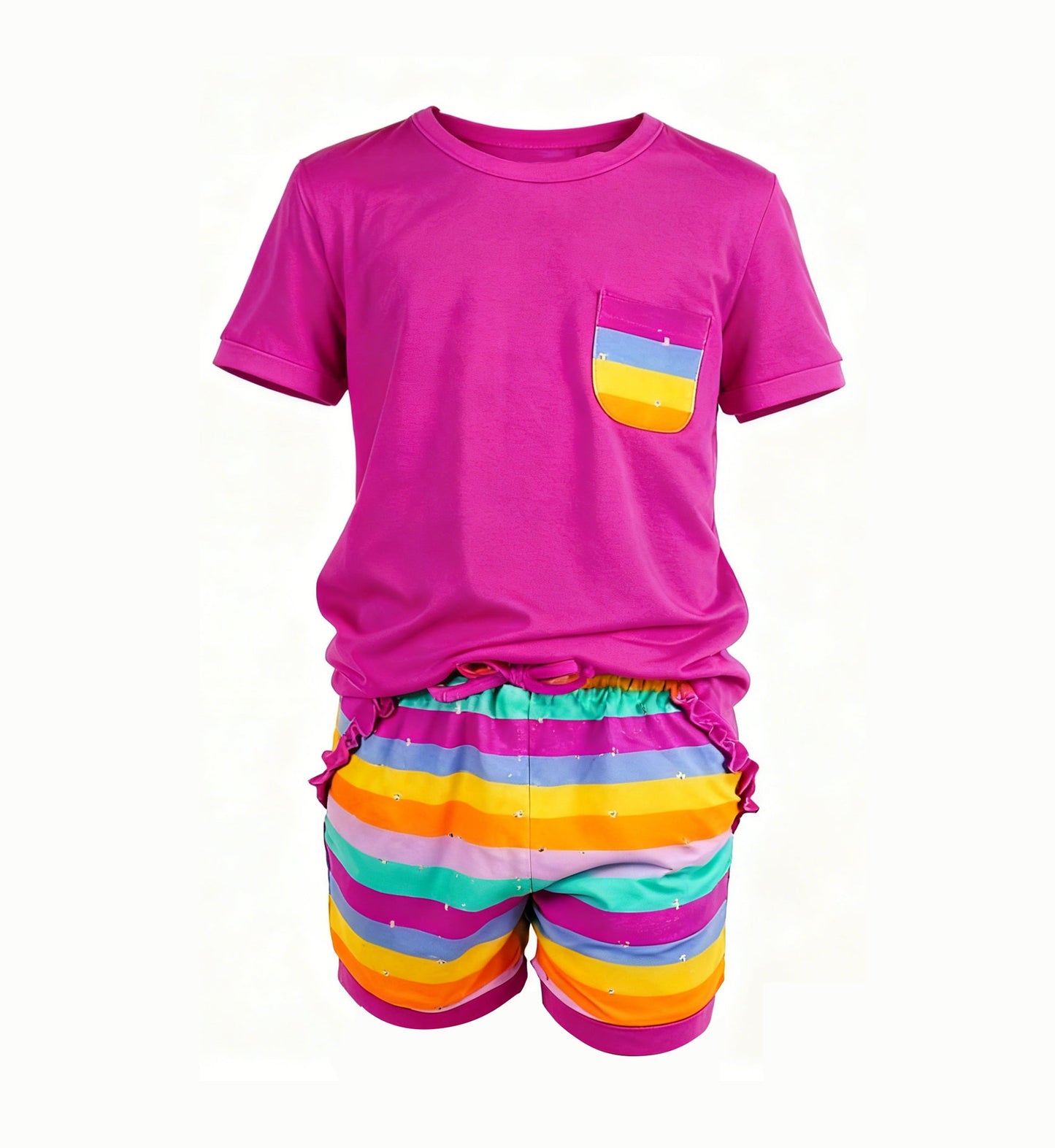 ( Moq 5 ) Preorder Baby Girls Short Sleeves Pink Shirt Colorful Stripes Pockets Shorts Clothes Set