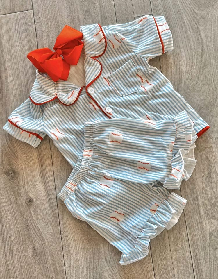 ( Moq 5 ) Preorder Baby Girls Kids Stripes Baseballs Buttons Pocket Shirt Ruffle Shorts Pajamas Set