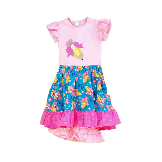 ( Moq 5 ) Preorder Baby Girls Short Sleeves Bows Pencils Tunic Ruffle Shorts Back to School Clothes Set
