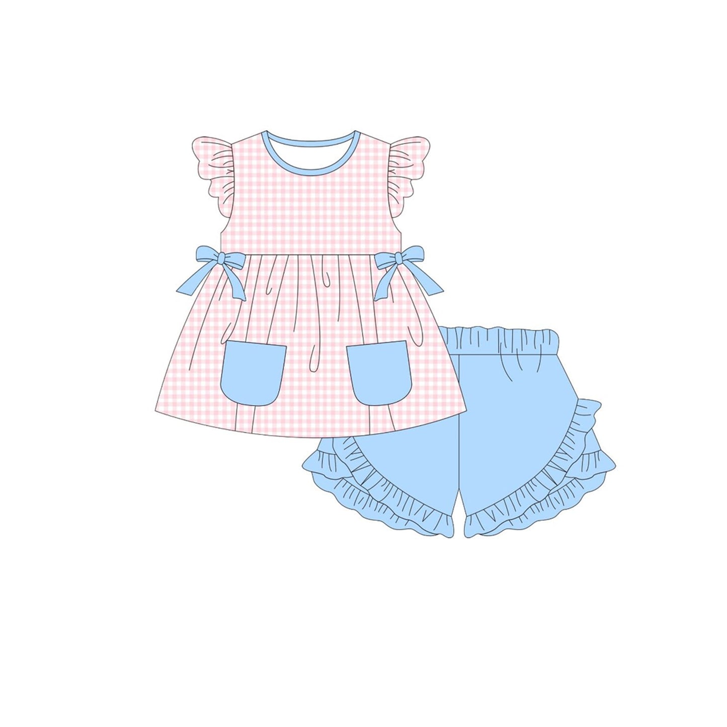 ( Moq 5 ) Preorder Baby Girls Short Sleeves Pink Plaid Pockets Tunic Blue Shorts Girls Clothes Set