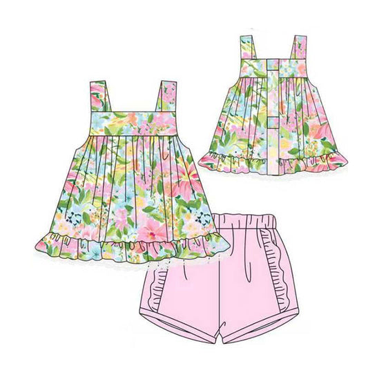 ( Moq 5 ) Preorder Baby Girls Kids Straps Flower Tops Pink Ruffle  Shorts Summer Set