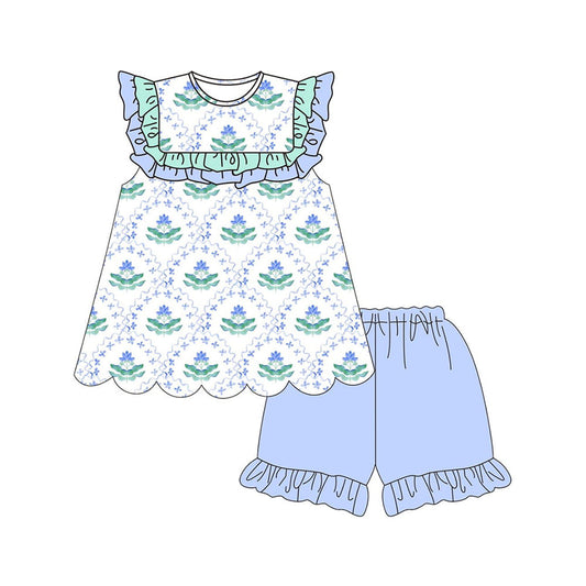 ( Moq 5 ) Preorder Baby Girls Short Sleeves Flower Ruffle Tops Shorts Summer Outfit