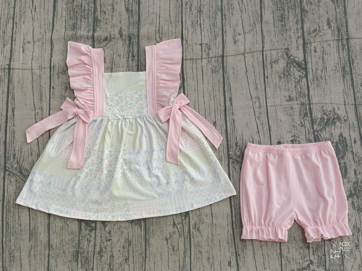 Baby Girls Short Sleeves Floral Bows Tunic Pink Shorts Clothes Set RTS