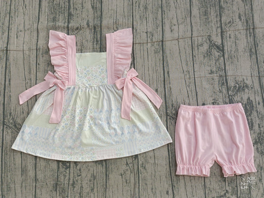 ( No moq ) Preorder Baby Girls Short Sleeves Floral Bows Tunic Pink Shorts Clothes Set