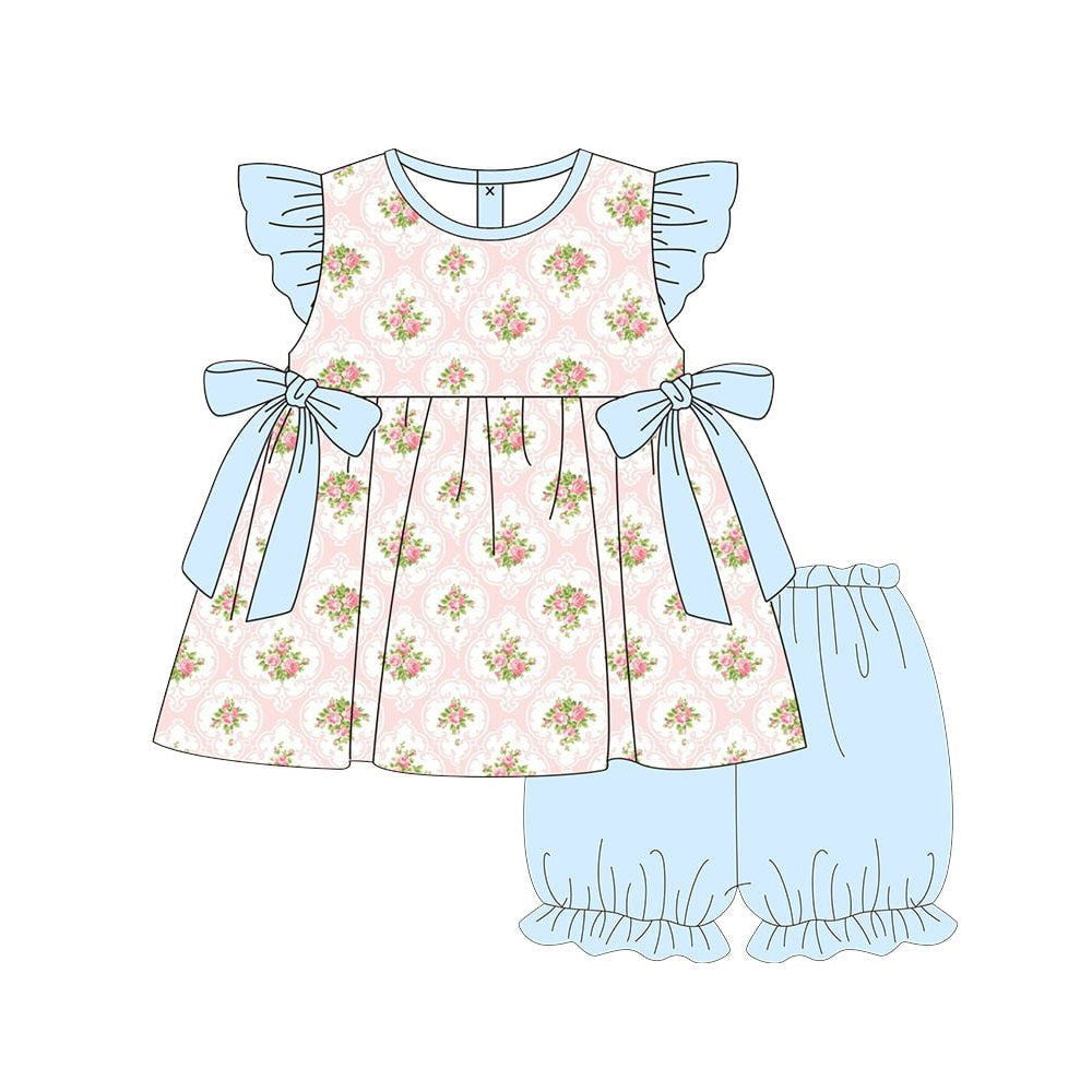 ( Moq 5 ) Preorder Baby Girls Short Sleeves Floral Bows Tunic Blue Shorts Clothes Set